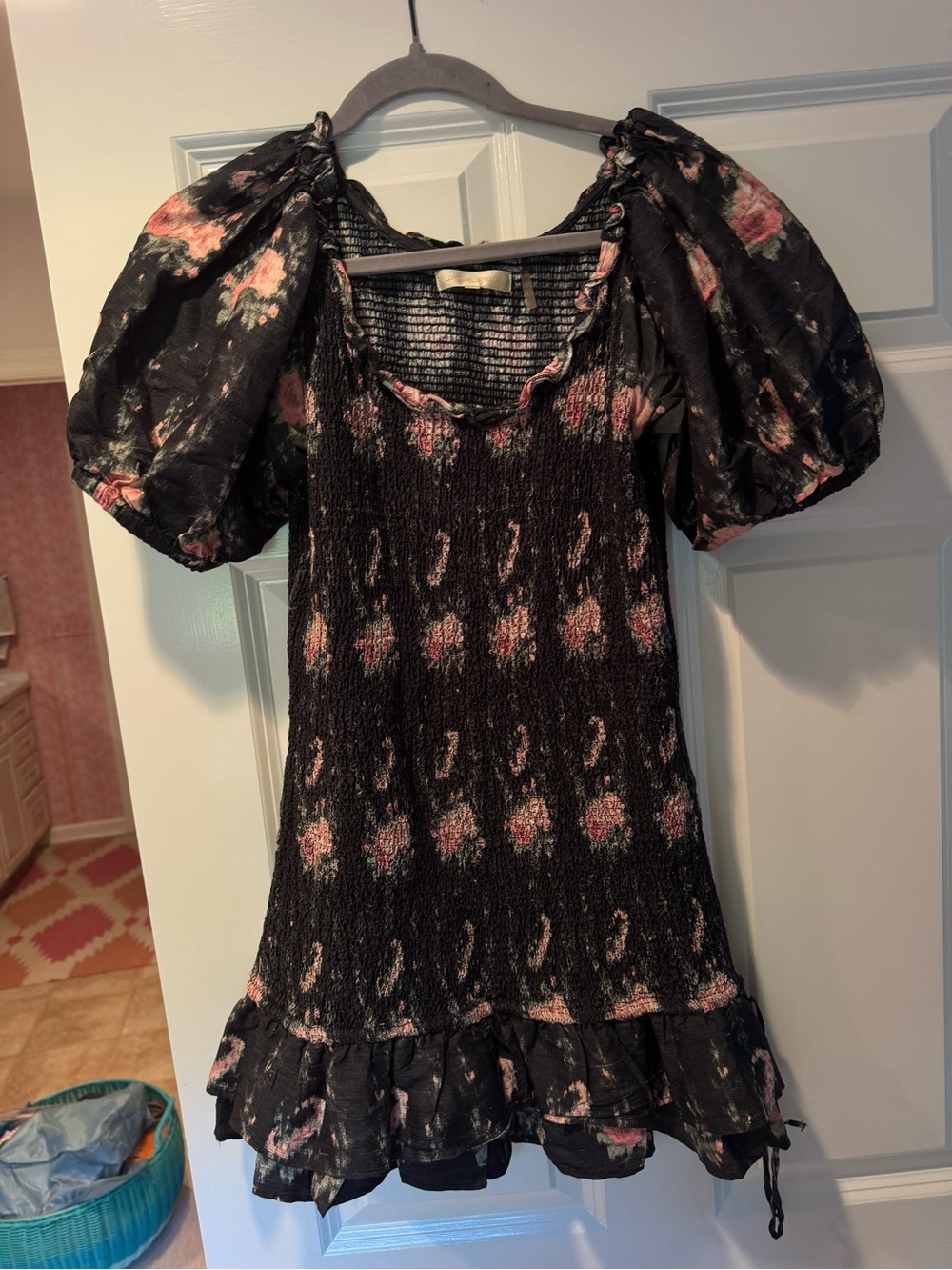 LoveShackFancy Black Floral Smocked Mini Dress with Puff Sleeves size M - Picture 4 of 5